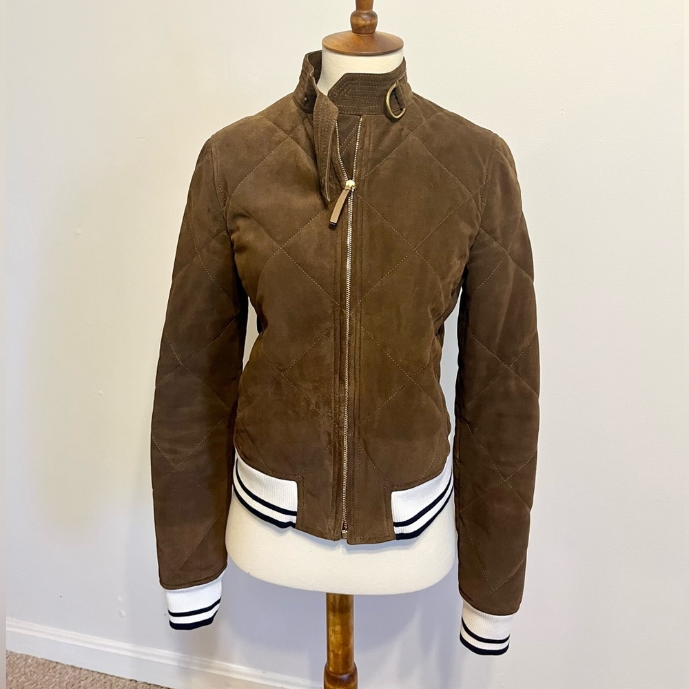 Tory Burch Brown Suede Bomber Varsity Jacket Size 2 zip up